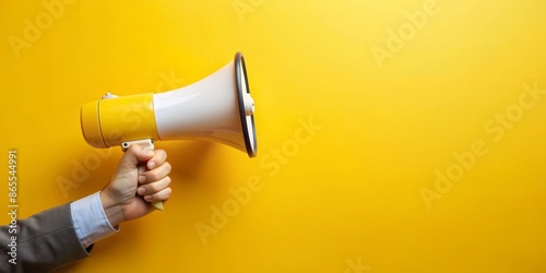 Hand Holding Yellow Megaphone on Yellow Background