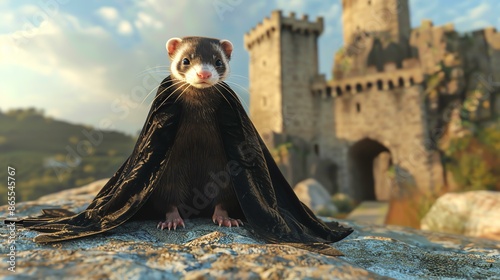 A ferret wearing a black cape is sitting on a rock in front of a castle. The ferret is looking at the camera with a serious expression.