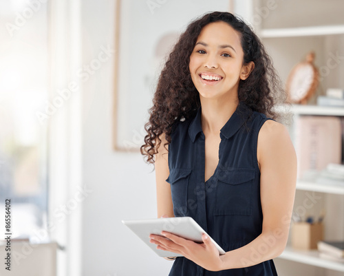Business woman, tablet and portrait in office for career, workplace or job as financial accountant. Female person, tech and positive for digital, online and satisfaction in sale, corporate or company