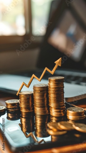 Stacked coins with upward arrow graph representing financial growth. Concept of investment and business success