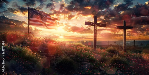 three crosses and an american flag with the sun setting in background Generative AI