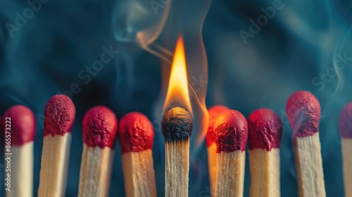 A series of wooden matches with only one igniting in flames, symbolizing the concept of leadership or ignition