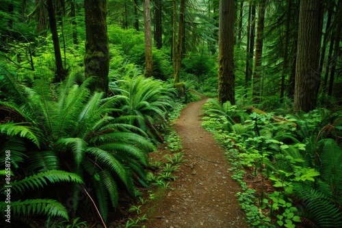 Hiking Trail amidst Lush Pacific Northwest Forest with Green Trees and Natural Landscape
