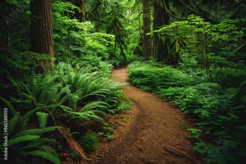 Hiking Trail. Lush Forest Landscape with Wooded Path in Pacific Northwest Greens