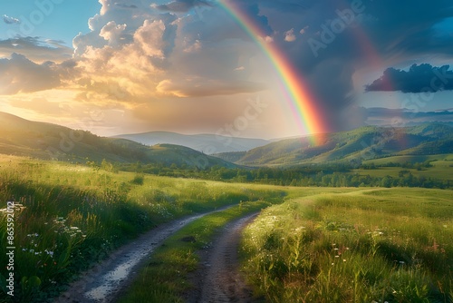 Serene Countryside Path with a Vibrant Rainbow