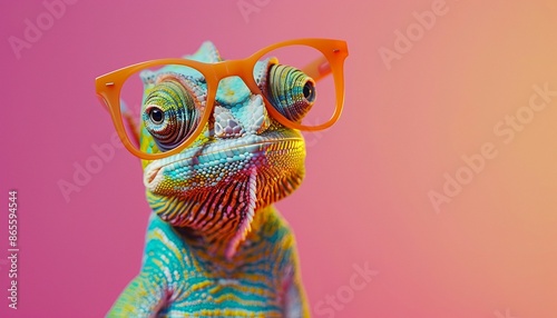 Chameleon wearing orange glasses on pink background, fashion accessories concept