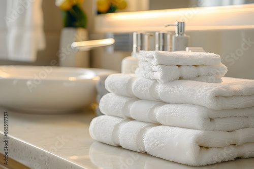 Neatly Stacked White Towels in a Modern Bathroom Setting