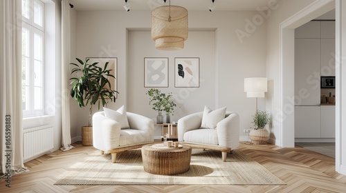 A modern living room interior design with white armchairs and a wicker coffee table