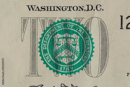 close up of text and seal on American two dollar bill