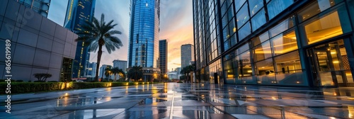 Modern cityscape with high-rise buildings and reflective glass facades during sunset. Ideal background for business themes, financial growth, and urban development