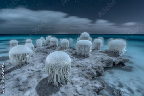 Otherworldly Seascape of Frozen Jellyfish-Like Formations Amidst Crashing Waves and Overcast Skies