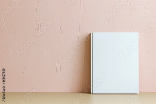 Minimalist blank book cover against a peach-colored textured wall, perfect for mockups or design presentations.