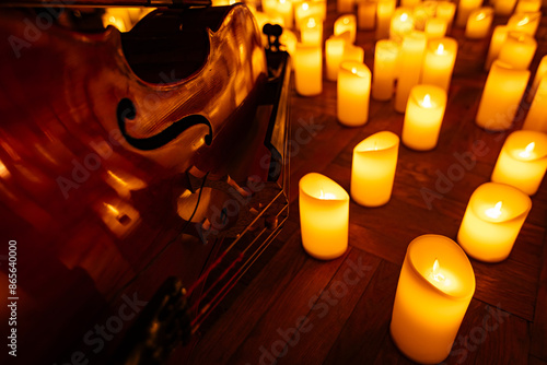 closeup of violin with lots of candles