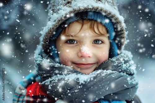 adorable child wrapped in a cozy winter jacket and hat surrounded by gently falling snowflakes with rosy cheeks and a joyful expression capturing the magic of winter