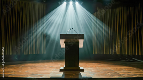 Empty podium on stage with dramatic lighting, perfect for representing public speaking engagements, presentations, or conferences.