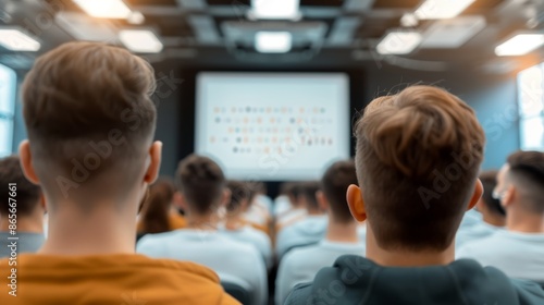 Perspective from the rear of the audience in a lecture hall, focused attendees watching a presenter explaining concepts on a large screen, detailed slides, academic ambiance, attentive crowd