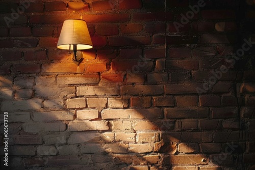A lamp sits on top of a brick wall, adjacent to another brick wall
