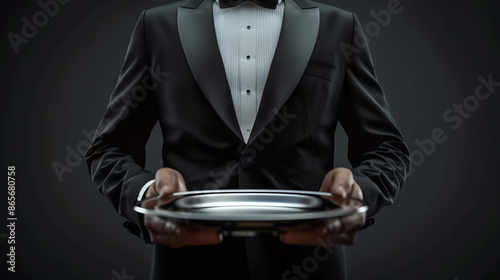 Butler in tuxedo holding silver tray.