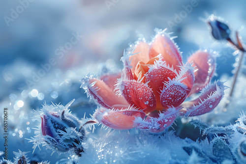 Amidst frozen landscape of Lapland vibrant hue of frost rose stand out against white snow Using specialized macrophotography technique delicate frost crystal intricate pattern of rare winter flower