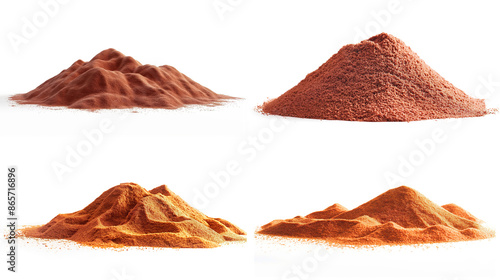 side view on set of red sand piles on white background