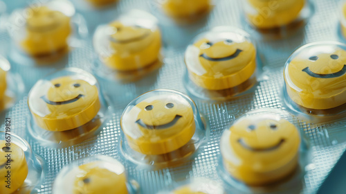 Pill tab packaging, Yellow pills with smiley faces symbolizing antidepressant medication 