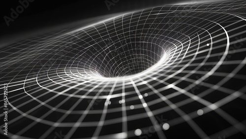 A wireframe representation of a black hole with its event horizon and gravitational distortion.