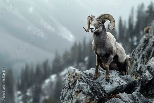 Majestic bighorn sheep perched a rocky mountain capturing the grandeur of nature and wildlife applying a highcontrast filter for dramatic effect