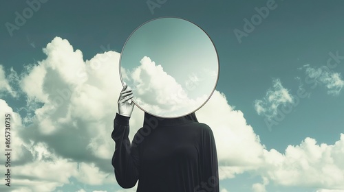 Surreal image of a person holding a mirror reflecting clouds, blending with a cloudy sky backdrop