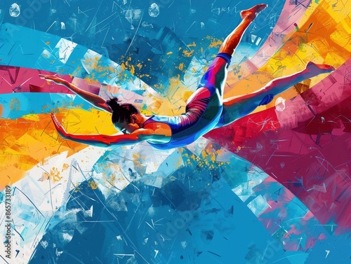 Gymnastics floor routine with abstract colors, sports, creativity and athleticism