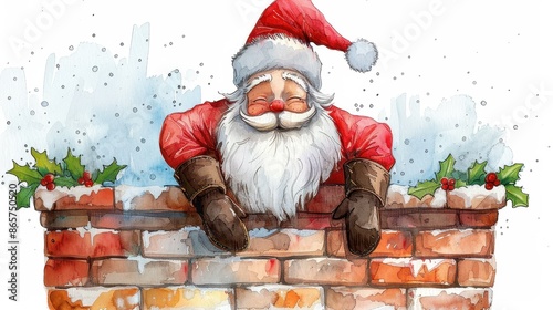 An artistic portrayal of Santa Claus with rosy cheeks smiling from a chimney top, adorned with holiday holly, symbolizing joy, celebration, and the essence of Christmas.