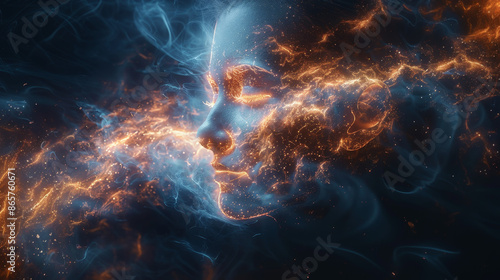 Abstract depiction of a face composed of fiery and smoky elements, blending with dark background