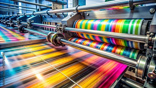Close-up of a modern commercial printing press machine in operation, with colorful sheets of paper moving rapidly through the rollers and cutting blades.