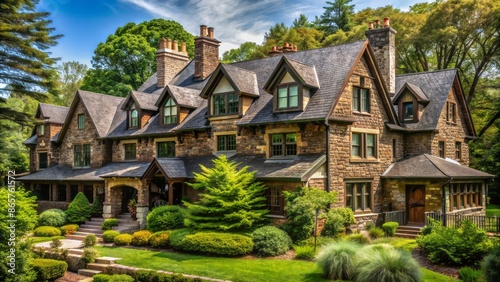 Exquisite rustic brownstone mansion with multiple dormer windows protruding from steeply pitched slate roof amidst lush green foliage surroundings.