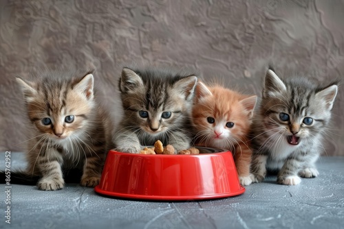 playful kitten quintet five fluffy kittens eagerly gathered around overflowing food bowl vibrant colors soft fur textures expressive eyes whiskers and paws