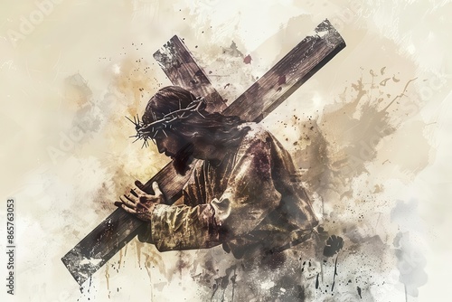 poignant digital watercolor illustration of jesus carrying the cross muted earthy tones expressive brushstrokes and emotional depth conveying sacrifice and suffering