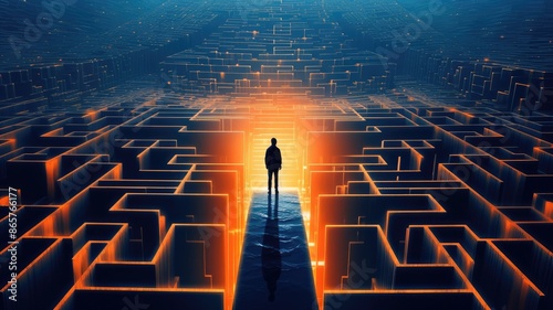 The picture of intelligent human in complex playing futuristic complicated puzzle game of labyrinth with blue, orange light. Smart person choose way to solve complex maze problem with strategy. AIG35.