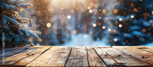 Vintage wooden table in front of a blurry winter holiday background