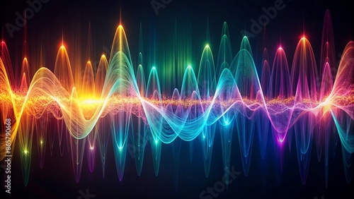 Vibrant colorful dynamic visual representation of audio frequency oscillations in mesmerizing swirling patterns against a dark backgrounds with subtle gradient effects.