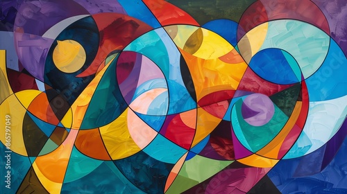 An abstract painting of overlapping colorful shapes.