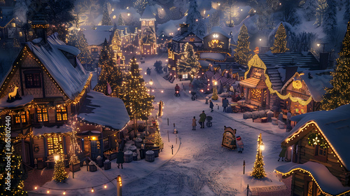 Snowy Christmas Village Illustration with Illuminated Houses, Trees, and Characters