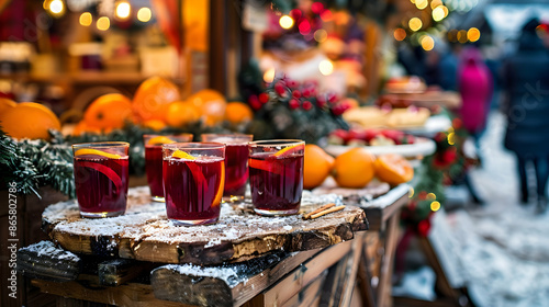 Mulled Wine on Wooden Table with Snow and Cinnamon Sticks - Photo