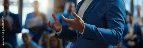 Close-up hands of Confident businessman delivering a presentation consulting training persuading employees client group, Mentor leader explain graph strategy at team meeting workshop.