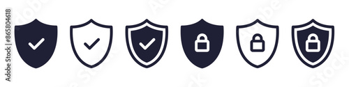 Security shield icons, security shields logotypes with check mark and padlock. Safety shield symbols. Vector illustration