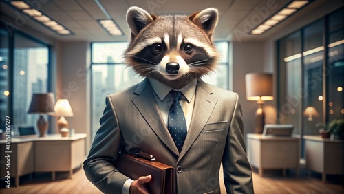 A whimsical raccoon donning a fitted three-piece suit, holding a miniature briefcase, exudes confidence in a lavish office setting.