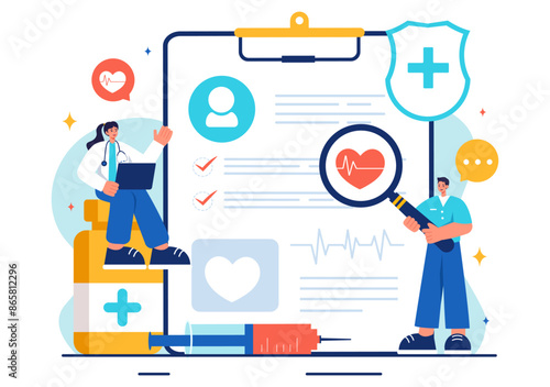 Vector Illustration of an Anamnesis System Providing Information About Diseases and Healthcare Databases in a Flat Style Cartoon Background