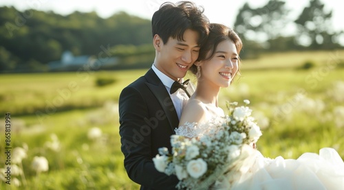 A handsome asian young man in a black tuxedo and white shirt is carrying his beautiful wife,wearing an white Off-The-Shoulder Bubble Dress, smiling happily on a green grassland.