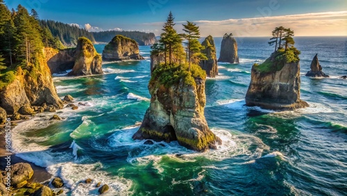 Majestic sea stacks rise from turbulent Pacific Ocean waters off Cape Flattery's rugged coastline in Olympic National Park.