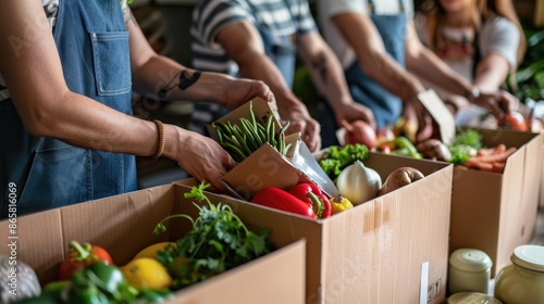 Volunteers packing fresh produce into boxes for distribution to those in need.