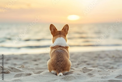 Welsh corgi sitting on the sandy beach, view from the back, beautiful sunset sky