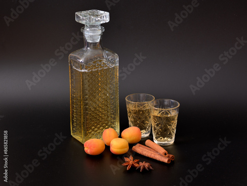 Apricot liqueur with cinnamon and anise on a black background, a crystal decanter and two glasses of homemade alcohol.